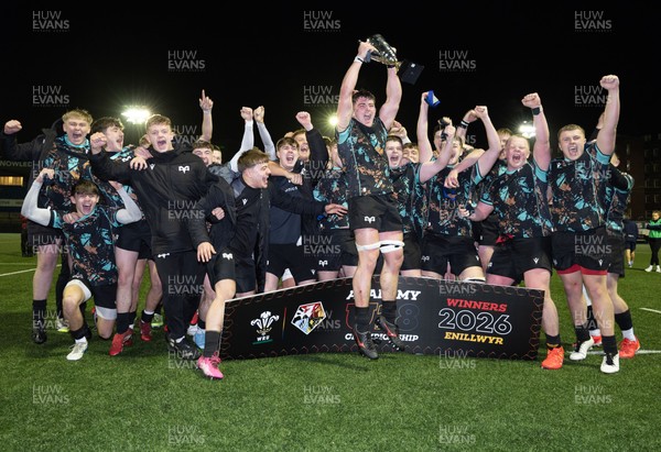 120226 - Cardiff Rugby U18 v Ospreys U18, WRU Regional Age Grade Championship Final - Ospreys celebrate with the trophy