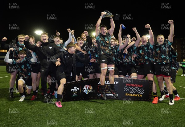 120226 - Cardiff Rugby U18 v Ospreys U18, WRU Regional Age Grade Championship Final - Ospreys celebrate with the trophy