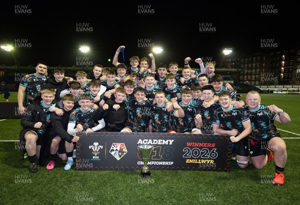 120226 - Cardiff Rugby U18 v Ospreys U18, WRU Regional Age Grade Championship Final - Ospreys celebrate with the trophy