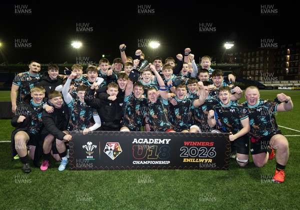120226 - Cardiff Rugby U18 v Ospreys U18, WRU Regional Age Grade Championship Final - Ospreys celebrate with the trophy