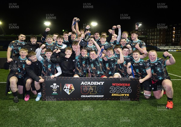 120226 - Cardiff Rugby U18 v Ospreys U18, WRU Regional Age Grade Championship Final - Ospreys celebrate with the trophy