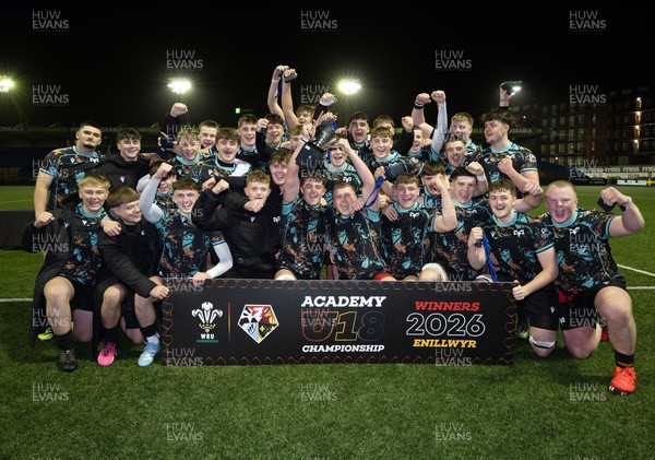 120226 - Cardiff Rugby U18 v Ospreys U18, WRU Regional Age Grade Championship Final - Ospreys celebrate with the trophy