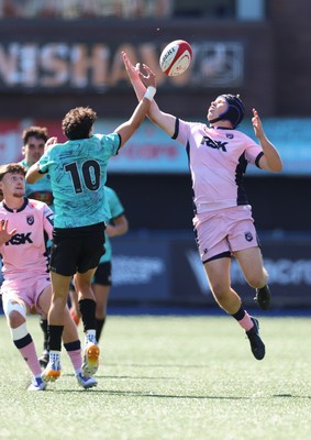 230826 - Cardiff Rugby U18 v Ospreys U18, WRU Regional Age Grade Championship - Owen Lewis of Cardiff Rugby and Harrison Hook of Ospreys compete for the ball