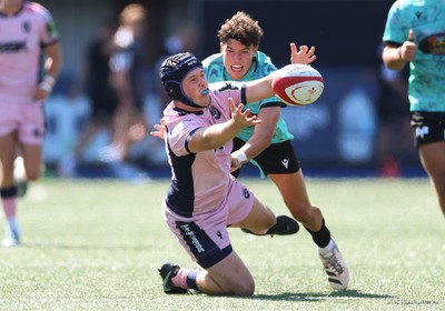 230826 - Cardiff Rugby U18 v Ospreys U18, WRU Regional Age Grade Championship - Owen Lewis of Cardiff Rugby and Harrison Hook of Ospreys compete for the ball