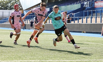 230826 - Cardiff Rugby U18 v Ospreys U18, WRU Regional Age Grade Championship - Dylan Quin of Ospreys races in to score try