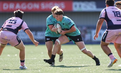 230826 - Cardiff Rugby U18 v Ospreys U18, WRU Regional Age Grade Championship - Ronan Hire of Ospreys takes on Cairion Savage of Cardiff Rugby and Cian Sterio of Cardiff Rugby