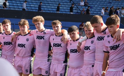 230826 - Cardiff Rugby U18 v Ospreys U18, WRU Regional Age Grade Championship - Cardiff Rugby huddle up at the end of the match
