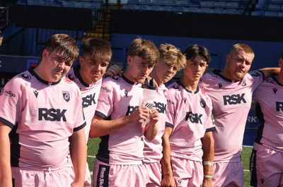 230826 - Cardiff Rugby U18 v Ospreys U18, WRU Regional Age Grade Championship - Cardiff Rugby huddle up at the end of the match