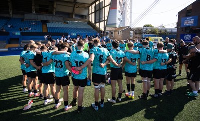230826 - Cardiff Rugby U18 v Ospreys U18, WRU Regional Age Grade Championship - Ospreys huddle up at the end of the match