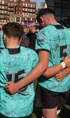 230826 - Cardiff Rugby U18 v Ospreys U18, WRU Regional Age Grade Championship - Ospreys huddle up at the end of the match