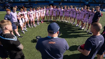 230826 - Cardiff Rugby U18 v Ospreys U18, WRU Regional Age Grade Championship - Cardiff Rugby huddle up at the end of the match