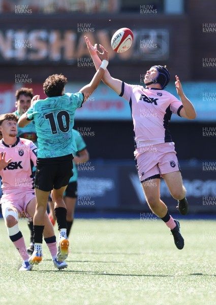 230826 - Cardiff Rugby U18 v Ospreys U18, WRU Regional Age Grade Championship - Owen Lewis of Cardiff Rugby and Harrison Hook of Ospreys compete for the ball