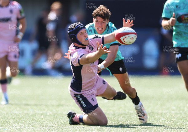 230826 - Cardiff Rugby U18 v Ospreys U18, WRU Regional Age Grade Championship - Owen Lewis of Cardiff Rugby and Harrison Hook of Ospreys compete for the ball