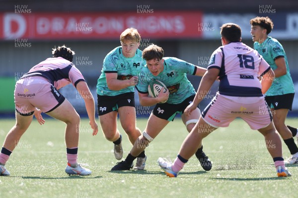 230826 - Cardiff Rugby U18 v Ospreys U18, WRU Regional Age Grade Championship - Ronan Hire of Ospreys takes on Cairion Savage of Cardiff Rugby and Cian Sterio of Cardiff Rugby