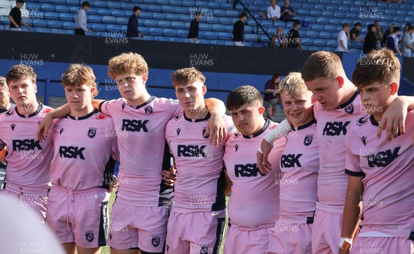 230826 - Cardiff Rugby U18 v Ospreys U18, WRU Regional Age Grade Championship - Cardiff Rugby huddle up at the end of the match