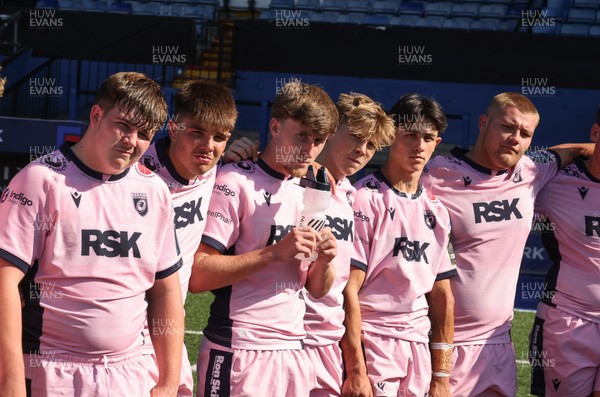 230826 - Cardiff Rugby U18 v Ospreys U18, WRU Regional Age Grade Championship - Cardiff Rugby huddle up at the end of the match