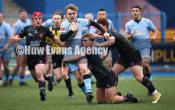 230122 - Cardiff Rugby U18 v RGC U18, Regional Age Grade Championship - Morgan Bowen of Cardiff Rugby is tackled short of the line
