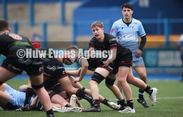 230122 - Cardiff Rugby U18 v RGC U18, Regional Age Grade Championship - Sean Horobin of RGC feeds the ball out