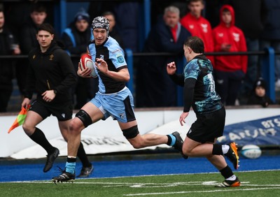 230225  Cardiff Rugby U18s v Ospreys U18s, WQRU Regional Age Grade Championship Final - Gabe Williams of Cardiff Rugby races in to score try