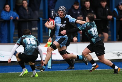 230225  Cardiff Rugby U18s v Ospreys U18s, WQRU Regional Age Grade Championship Final - Gabe Williams of Cardiff Rugby races in to score try