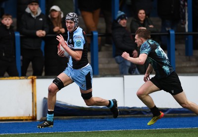 230225  Cardiff Rugby U18s v Ospreys U18s, WQRU Regional Age Grade Championship Final - Gabe Williams of Cardiff Rugby races in to score try