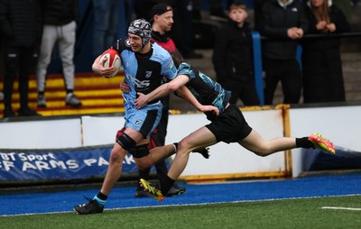 230225  Cardiff Rugby U18s v Ospreys U18s, WQRU Regional Age Grade Championship Final - Gabe Williams of Cardiff Rugby races in to score try