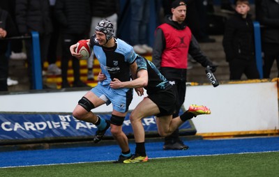 230225  Cardiff Rugby U18s v Ospreys U18s, WQRU Regional Age Grade Championship Final - Gabe Williams of Cardiff Rugby races in to score try