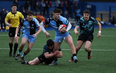 230225  Cardiff Rugby U18s v Ospreys U18s, WRU Regional Age Grade Championship Final - Ioan Leyshon of Cardiff Rugby is stopped short of the line