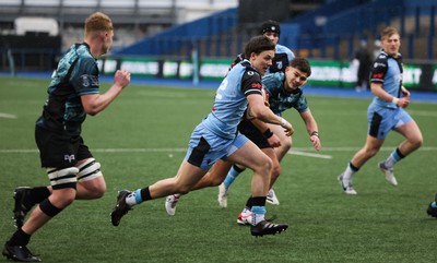 230225  Cardiff Rugby U18s v Ospreys U18s, WRU Regional Age Grade Championship Final - Ioan Penry of Cardiff Rugby races in to score try