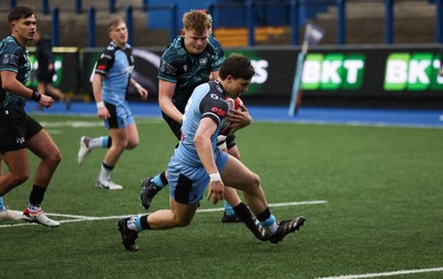 230225  Cardiff Rugby U18s v Ospreys U18s, WRU Regional Age Grade Championship Final - Ioan Penry of Cardiff Rugby races in to score try