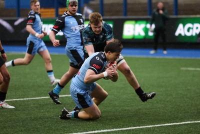 230225  Cardiff Rugby U18s v Ospreys U18s, WRU Regional Age Grade Championship Final - Ioan Penry of Cardiff Rugby races in to score try