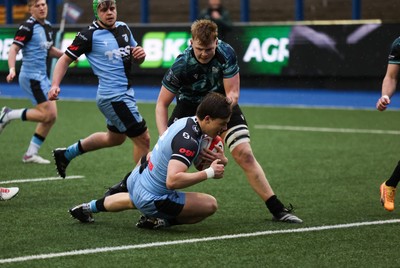 230225  Cardiff Rugby U18s v Ospreys U18s, WRU Regional Age Grade Championship Final - Ioan Penry of Cardiff Rugby races in to score try