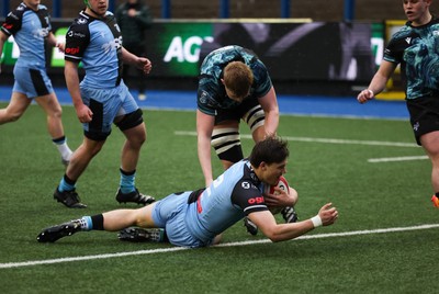 230225  Cardiff Rugby U18s v Ospreys U18s, WRU Regional Age Grade Championship Final - Ioan Penry of Cardiff Rugby races in to score try