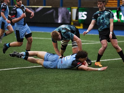 230225  Cardiff Rugby U18s v Ospreys U18s, WRU Regional Age Grade Championship Final - Ioan Penry of Cardiff Rugby races in to score try