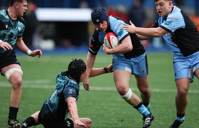 230225  Cardiff Rugby U18s v Ospreys U18s, WRU Regional Age Grade Championship Final - Tom Howe of Cardiff Rugby takes on Thomas Edwards of Ospreys