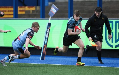 230225  Cardiff Rugby U18s v Ospreys U18s, WRU Regional Age Grade Championship Final - Noah Mason of Ospreys races in to score try