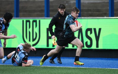 230225  Cardiff Rugby U18s v Ospreys U18s, WRU Regional Age Grade Championship Final - Noah Mason of Ospreys races in to score try