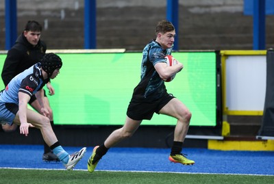 230225  Cardiff Rugby U18s v Ospreys U18s, WRU Regional Age Grade Championship Final - Noah Mason of Ospreys races in to score try