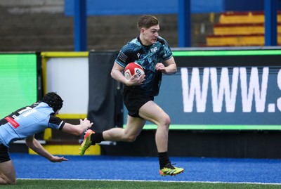 230225  Cardiff Rugby U18s v Ospreys U18s, WRU Regional Age Grade Championship Final - Noah Mason of Ospreys races in to score try