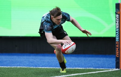 230225  Cardiff Rugby U18s v Ospreys U18s, WRU Regional Age Grade Championship Final - Noah Mason of Ospreys races in to score try