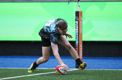 230225  Cardiff Rugby U18s v Ospreys U18s, WRU Regional Age Grade Championship Final - Noah Mason of Ospreys races in to score try