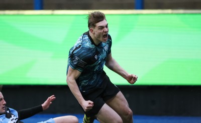 230225  Cardiff Rugby U18s v Ospreys U18s, WRU Regional Age Grade Championship Final - Noah Mason of Ospreys celebrates after he races in to score try