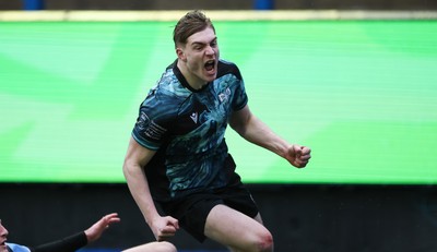 230225  Cardiff Rugby U18s v Ospreys U18s, WRU Regional Age Grade Championship Final - Noah Mason of Ospreys celebrates after he races in to score try