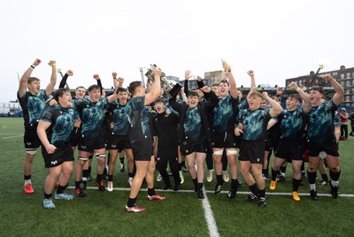 230225  Cardiff Rugby U18s v Ospreys U18s, WRU Regional Age Grade Championship Final - Ospreys players celebrate after winning the Final