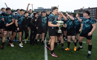 230225  Cardiff Rugby U18s v Ospreys U18s, WRU Regional Age Grade Championship Final - Ospreys players celebrate after winning the Final