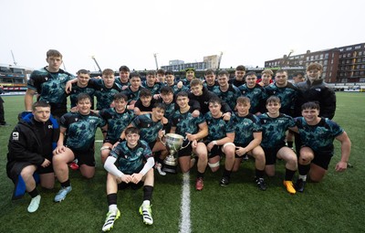 230225  Cardiff Rugby U18s v Ospreys U18s, WRU Regional Age Grade Championship Final - Ospreys players celebrate after winning the Final