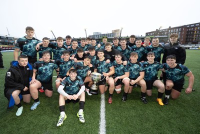 230225  Cardiff Rugby U18s v Ospreys U18s, WRU Regional Age Grade Championship Final - Ospreys players celebrate after winning the Final