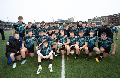 230225  Cardiff Rugby U18s v Ospreys U18s, WRU Regional Age Grade Championship Final - Ospreys players celebrate after winning the Final