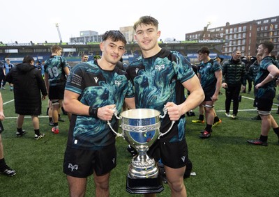 230225  Cardiff Rugby U18s v Ospreys U18s, WRU Regional Age Grade Championship Final - Ospreys players celebrate after winning the Final