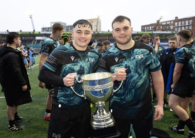 230225  Cardiff Rugby U18s v Ospreys U18s, WRU Regional Age Grade Championship Final - Ospreys players celebrate after winning the Final